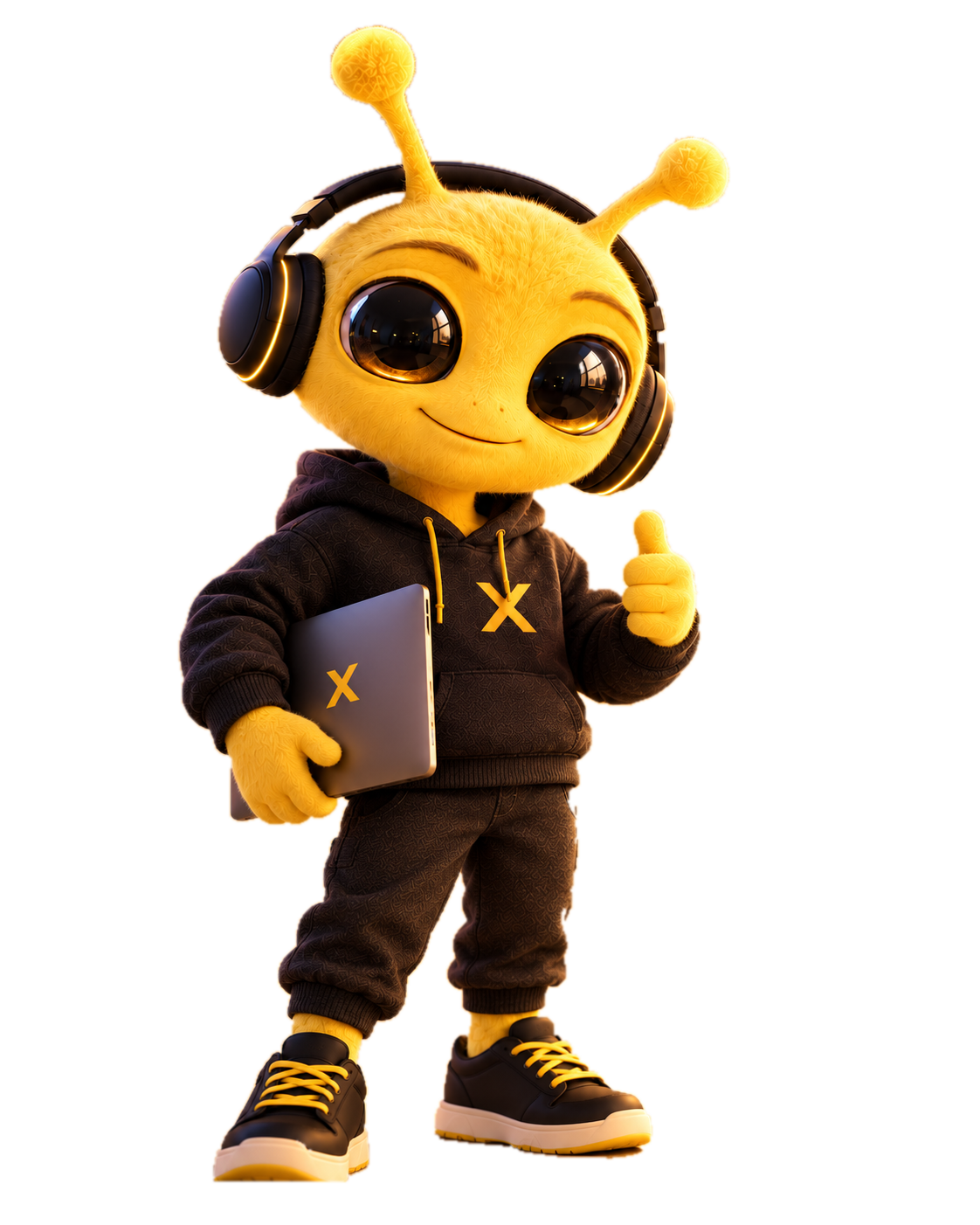 X The Dev, a friendly yellow alien wearing headphones and a dark hoodie